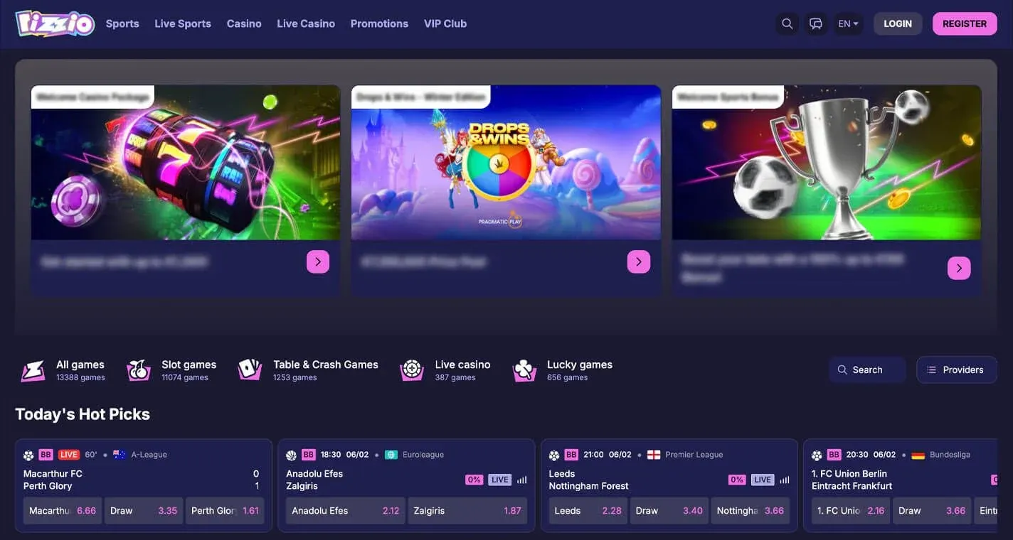 Rizzio Casino, screenshot del sito