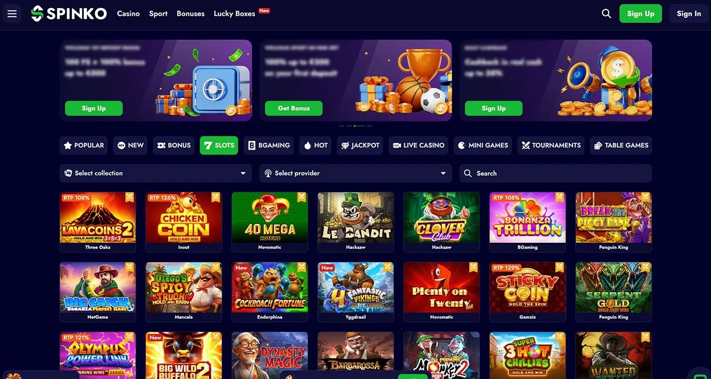 Spinko Casino, screenshot del sito