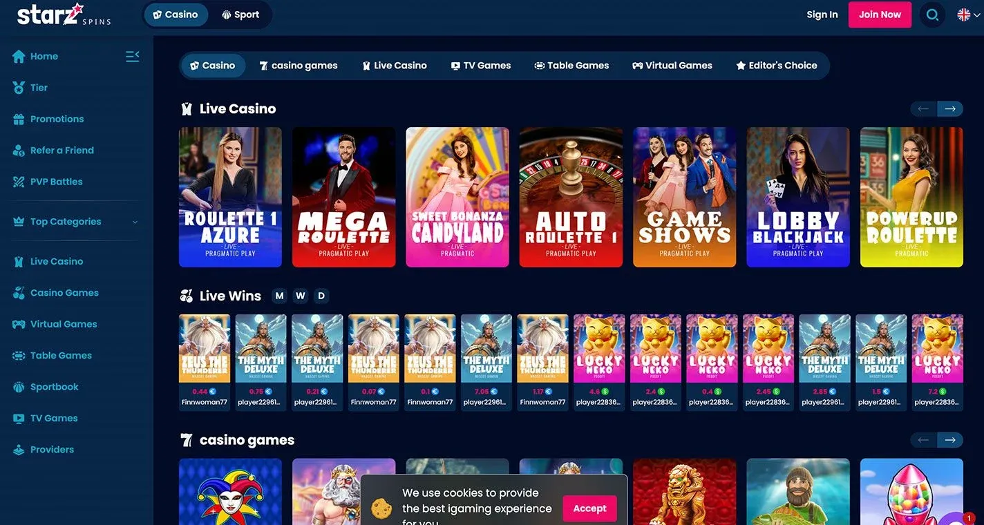 Starz Spins Casino, screenshot del sito