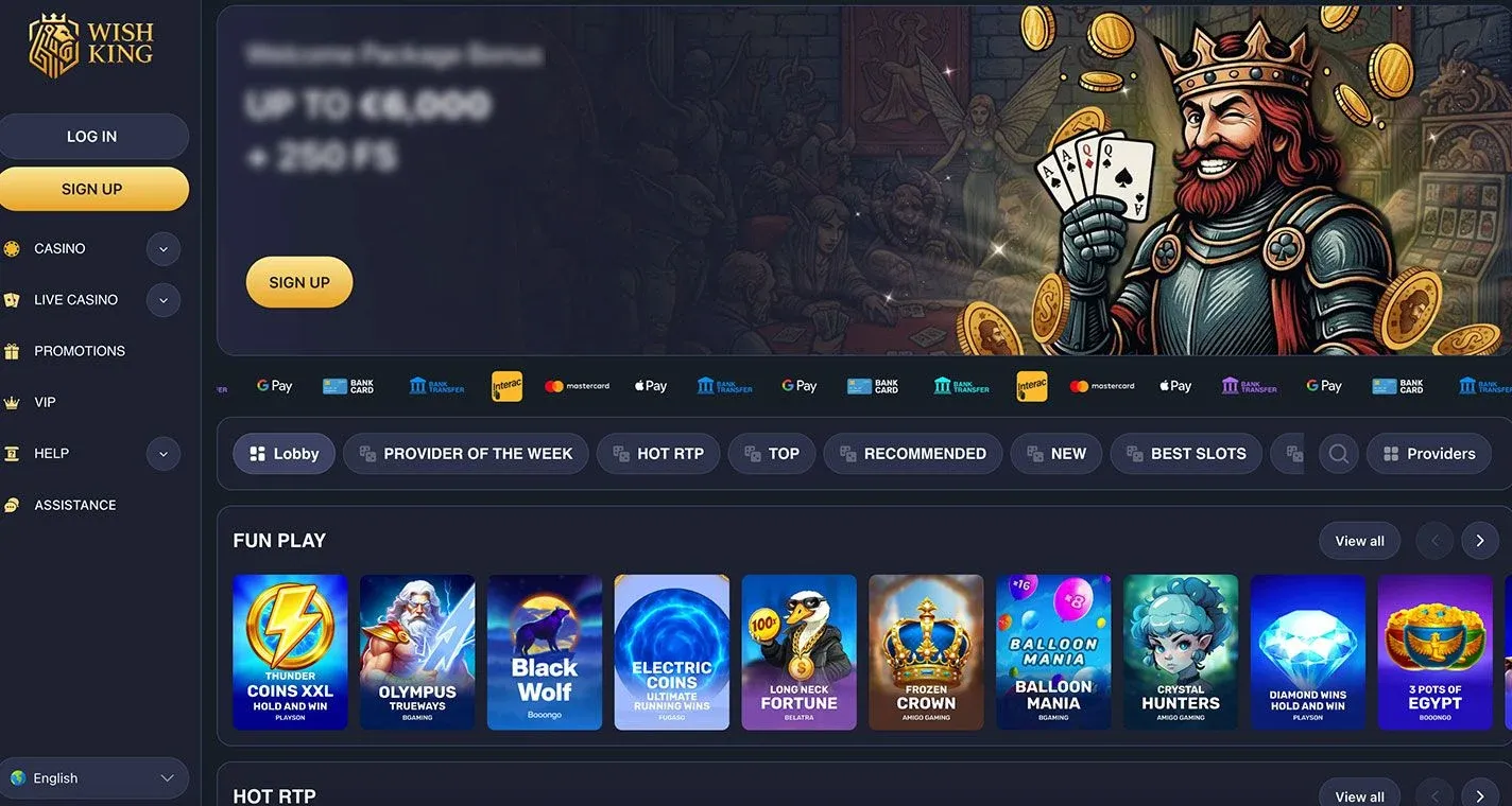WishKing Casino, screenshot del sito