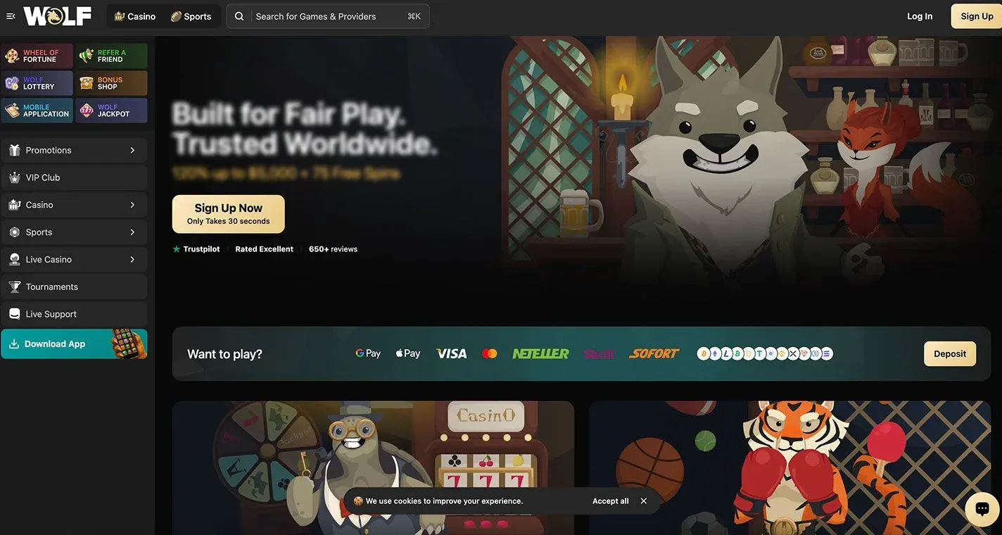 Wolf.io Casino, screenshot del sito